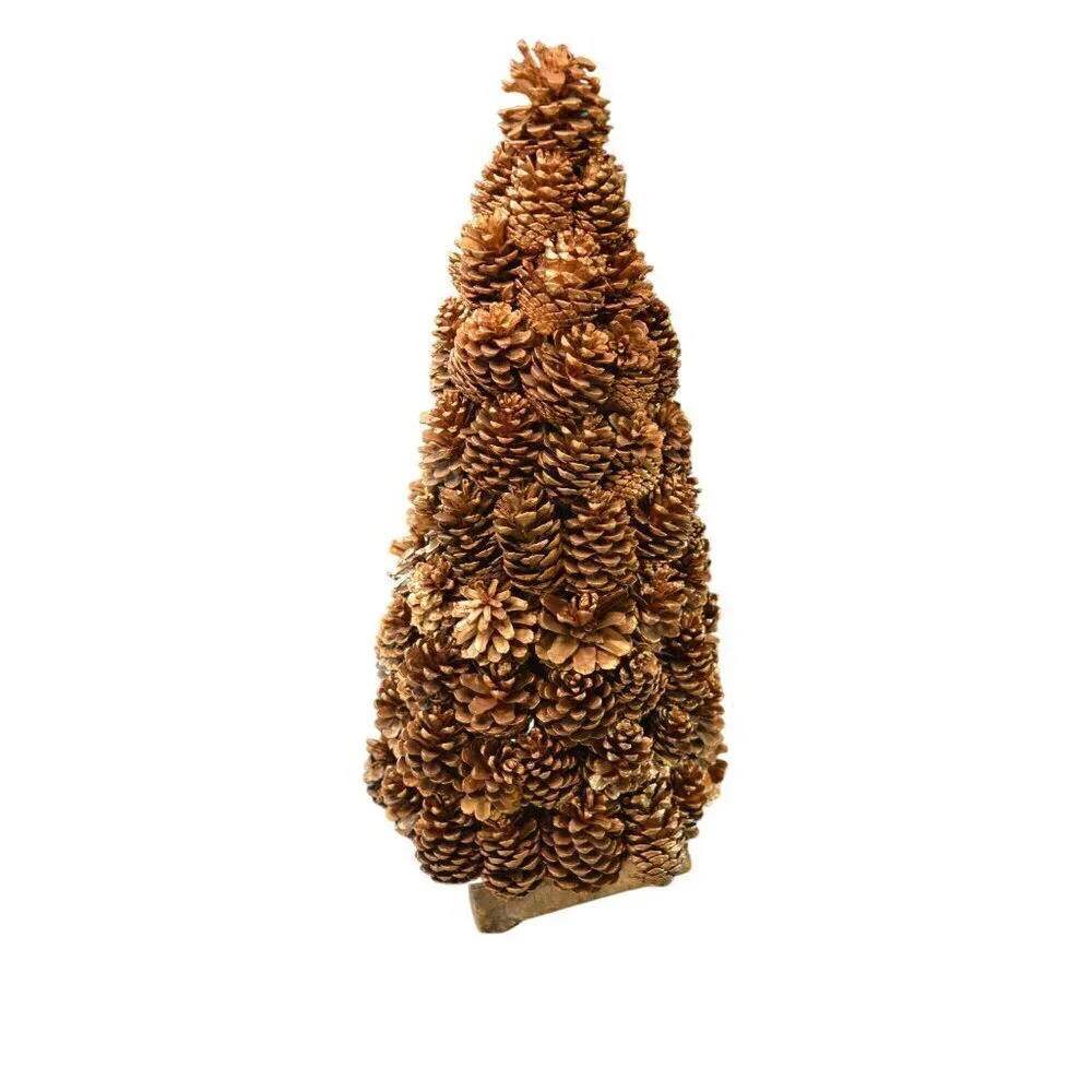 Handmade Golden Real Pinecone Christmas Tree Table Decor 24” Wooden Log Metallic